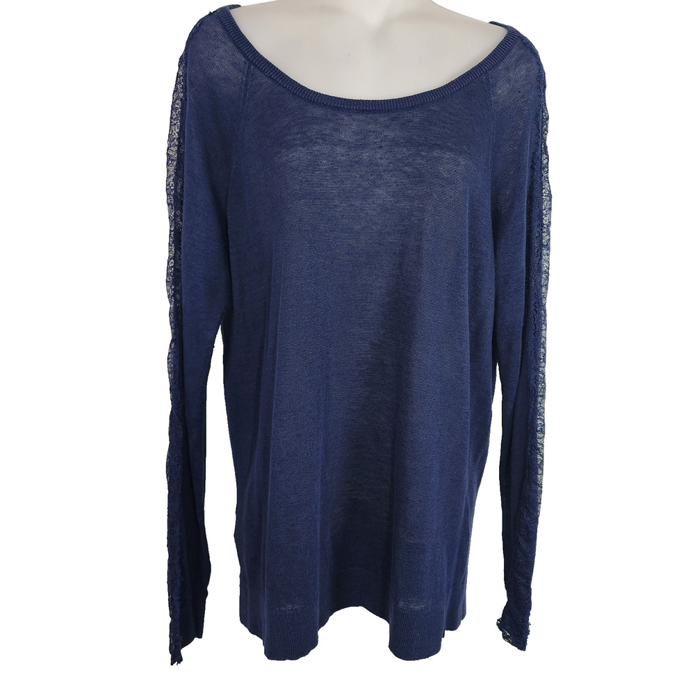 Tommy Bahama Women Lea Lace Top Inset Long Sleeve Blue Linen Knit Pullover Large